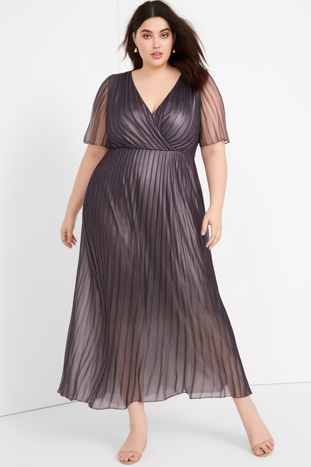 Flycurvy Plus Size Everyday Light Purple Metallic Mesh Wrap Tunic Tea-Length Dress