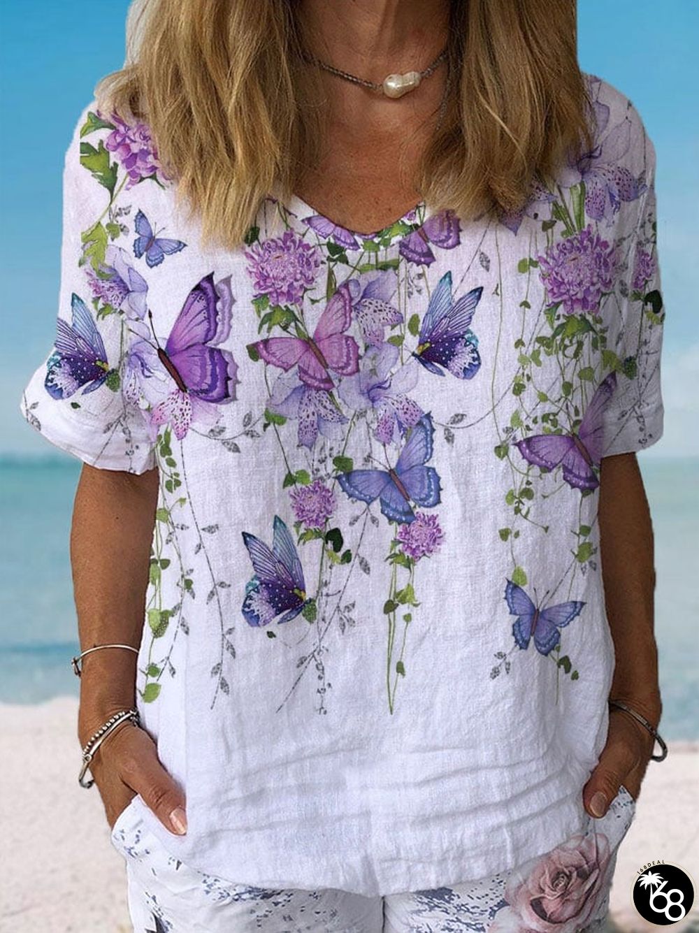 Women's Floral Butterfly Print Casual Top | 168DEAL