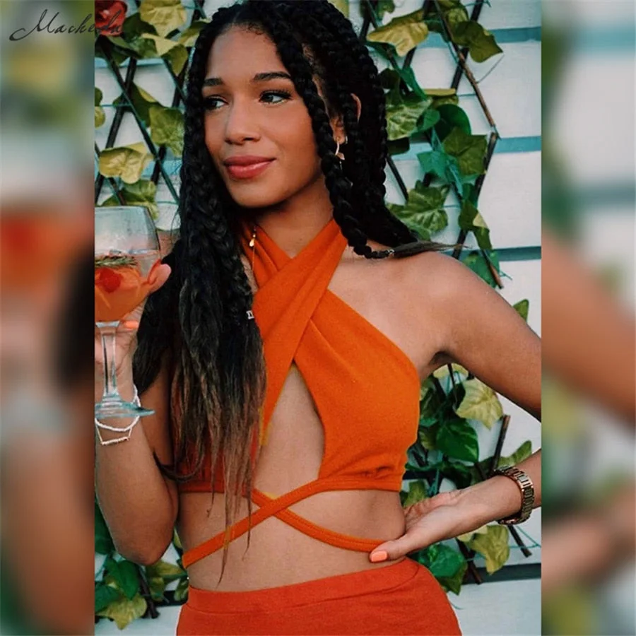 Macheda Autumn Solid Sexy Hollow Out Tank Top Women Fashion Slim Halter Sleeveless Lace Up Clothing Green Lady Casual Crop Top