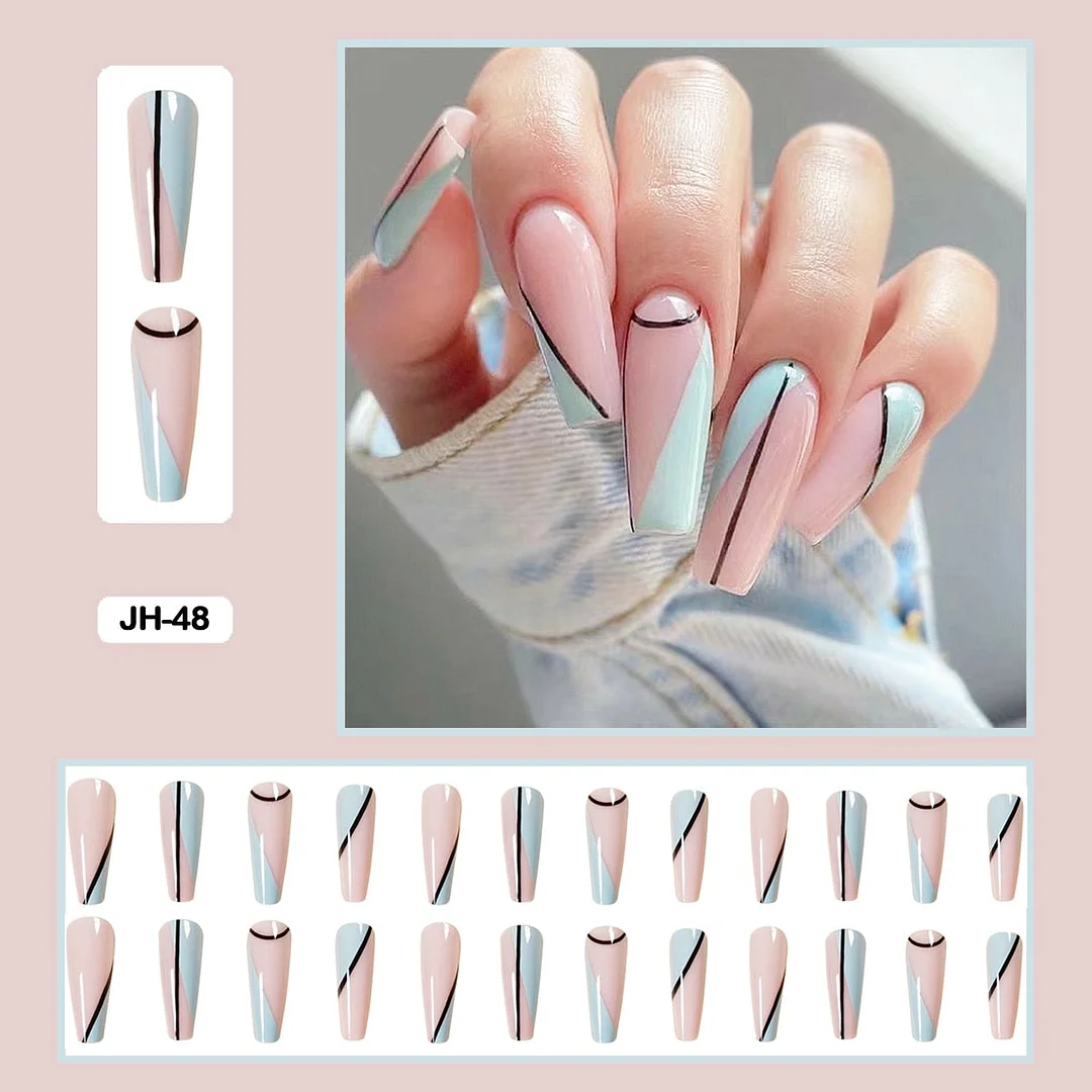 24pcs/box Long Trapezoid Fake Nails Geometric Simplicity Personality Graffiti Animal Pattern Nail Art Nails Press on With Glue-Nail Inspo