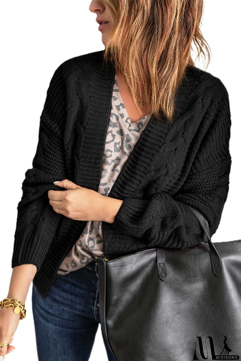 MidiSono - Fashion Black Chunky Wide Long Sleeve Knit Cardigan