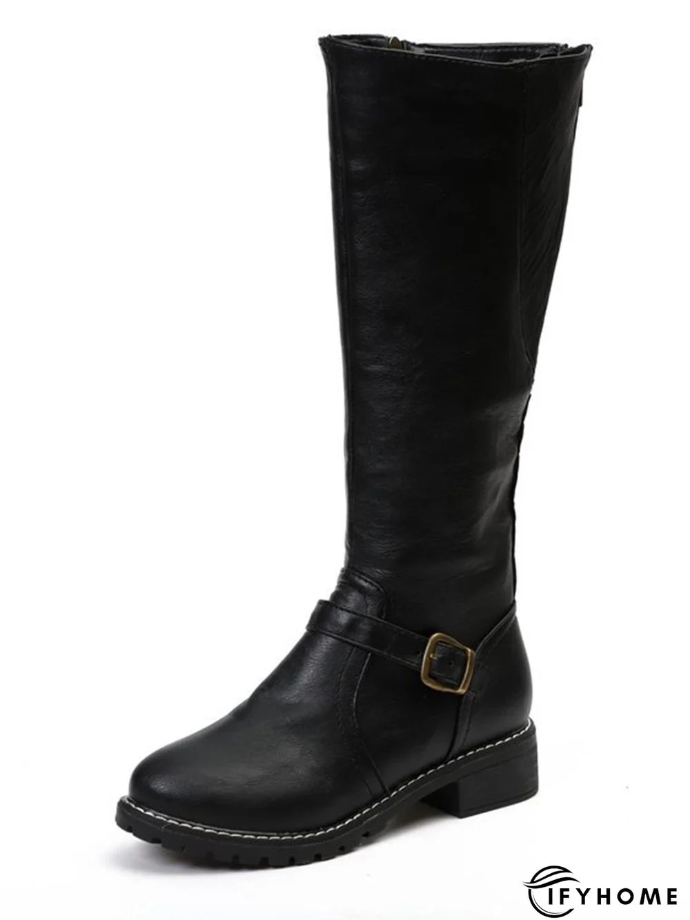 Vintage Round Toe Buckle Tall Boots Chunky Heel Riding Boots | IFYHOME