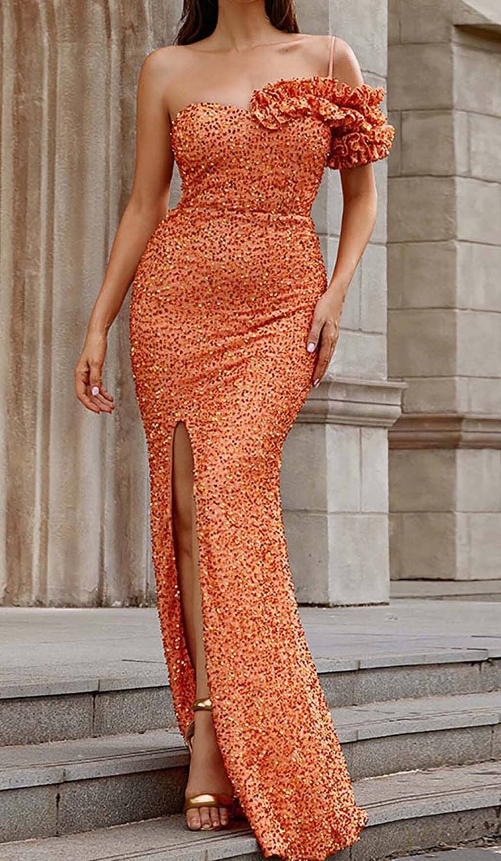 Ayn Orange Sequined Slit Maxi Dress