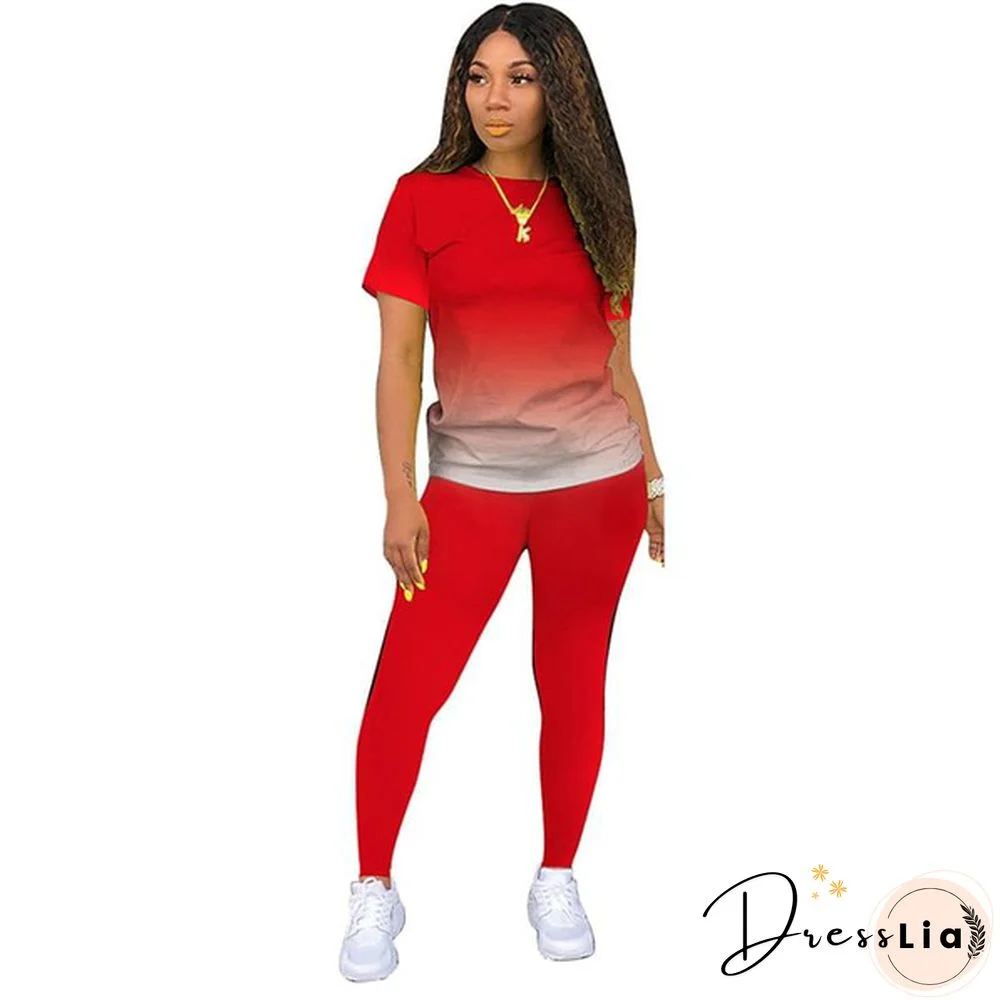 New Women's Fashion Gradient Short Sleeve Top and Pants Casual Sportswear Suit Two-piece Suit Plus Size