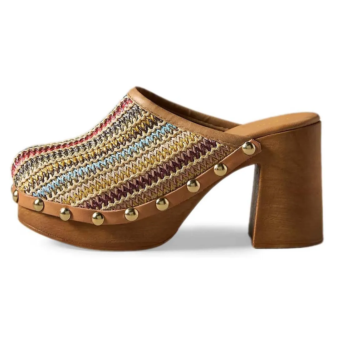 Multicolor Woven Round Toe Studded Chunky Heel Mules for Women