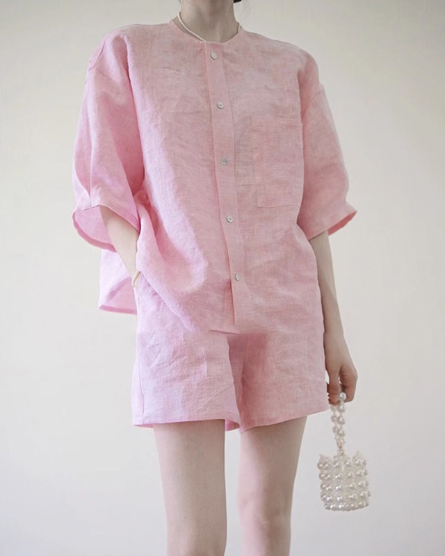 Round Neck Short Sleeve Chest Pocket Shirt & Shorts Linen Set