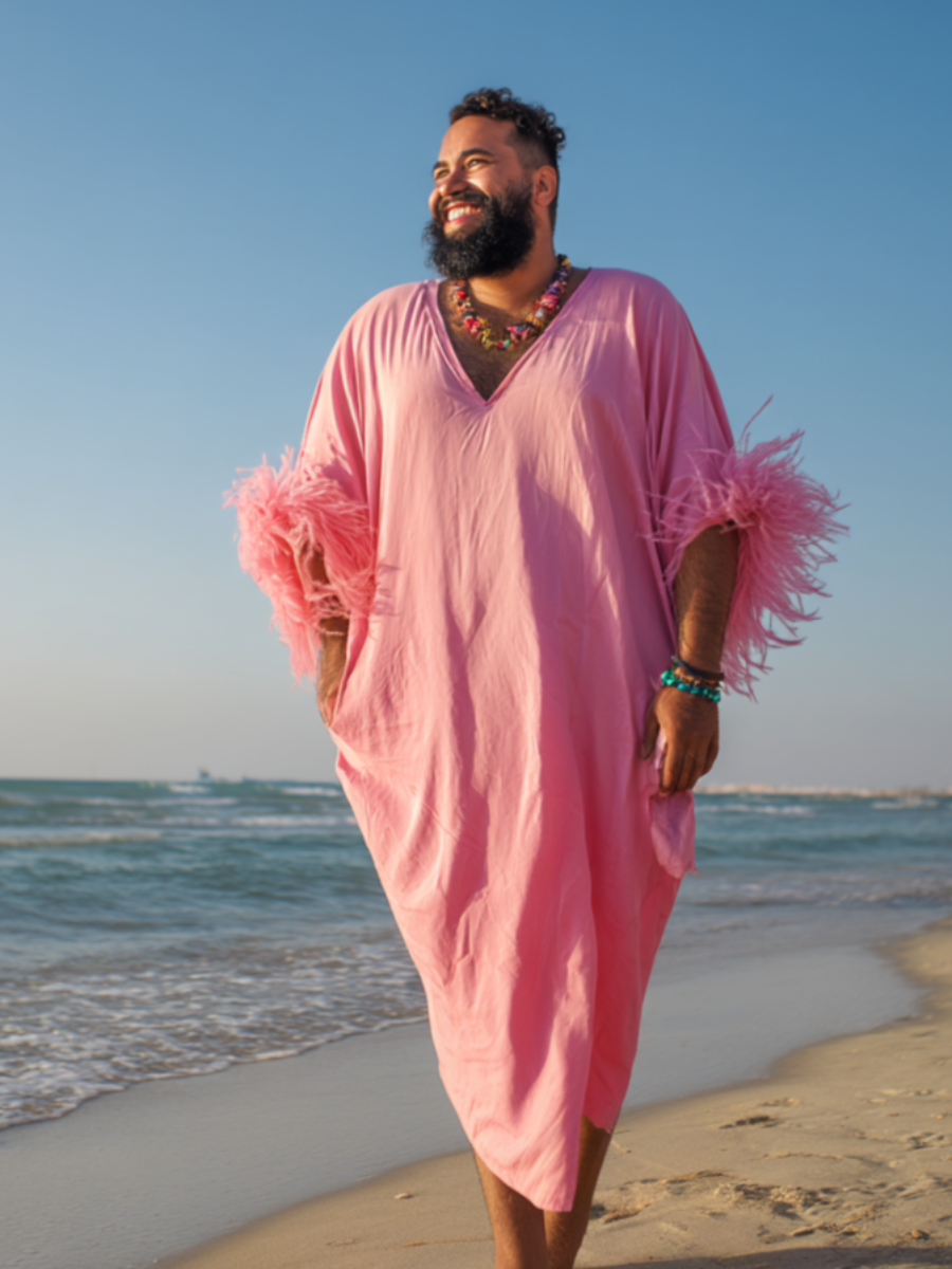 Pink Rapture Feather-Sleeve kaftan