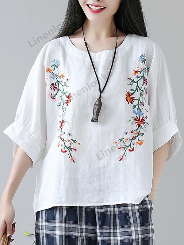 New Summer Women Plus Size Loose Flower Print Half Lantern Sleeve Tops