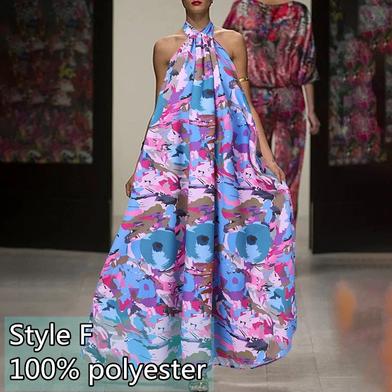 Summer Halter Print Dress Women Celmia Casual Sleeveless Ruffles Floral Maxi Sundress Sexy Backless Beach Party Bohemian Vestido