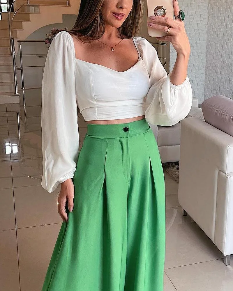 Chiffon Long Sleeve Top Wide Leg Pants Suit