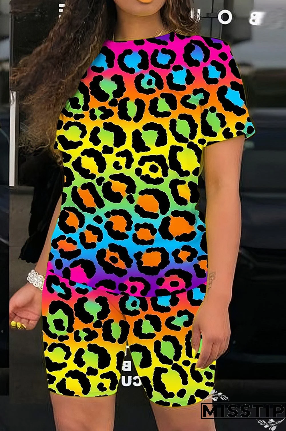 Multicolor Casual Print Basic O Neck Short Sleeve Two Pieces