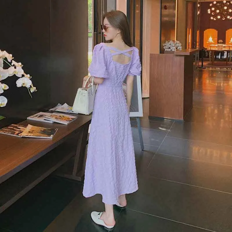 Short Sleeve Dress Women Summer Solid Purple Backless V-Neck Korean Sweet Style Vintage Elegant Female Design Stylish Slim Daily