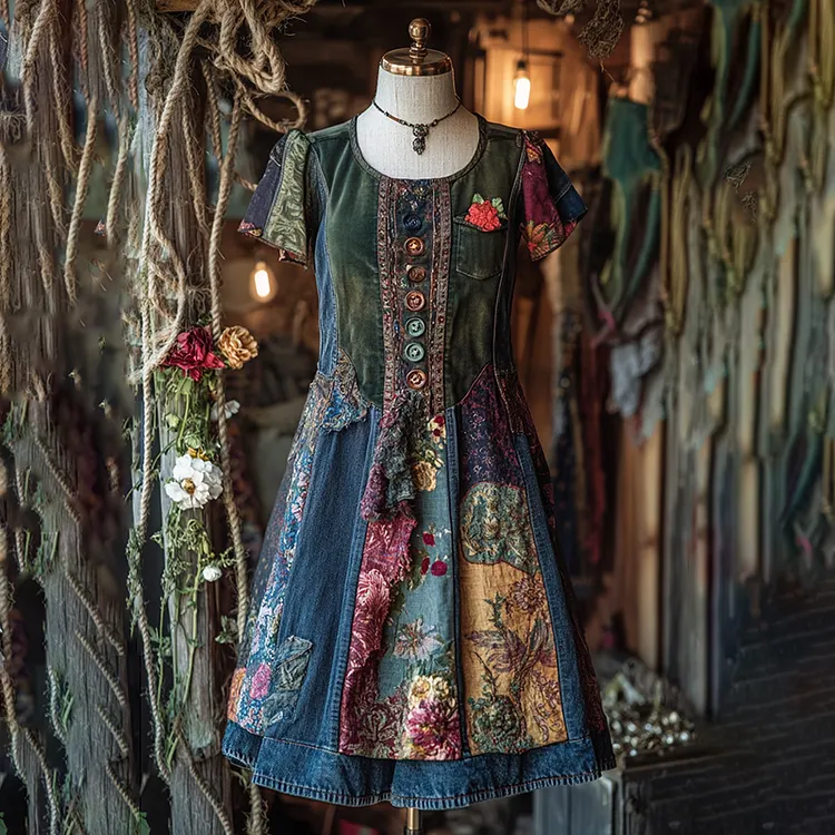 Lunivibe Vintage Denim Patchwork Lace Art Short Sleeve Dress