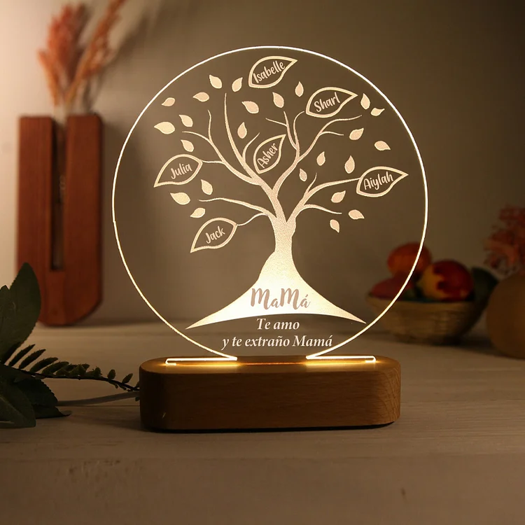 Lámpara de noche LED Árbol de la vida Árbol genealógico 6 nombres personalizados con 2 textos
