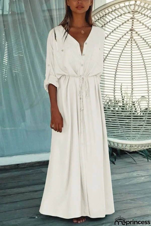 Cotton Blend Waist Tie Button Maxi Dress