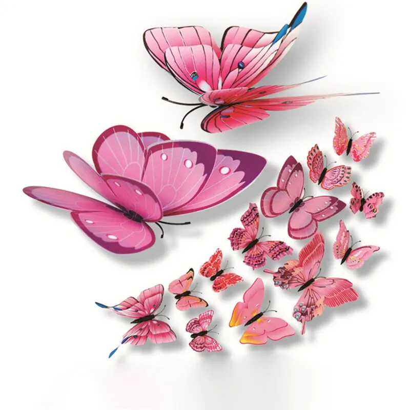 12pcs/lot Plain color 3D stickers Simulation butterfly double wings Modern home decor Background wall painting Magnetic+Glue