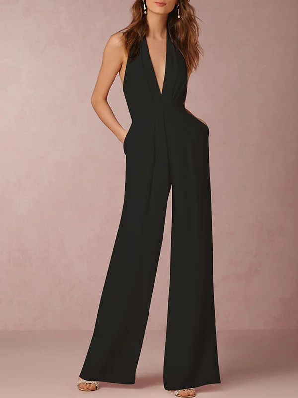 Halterneck Plunging Backless Wide Leg Jumpsuits