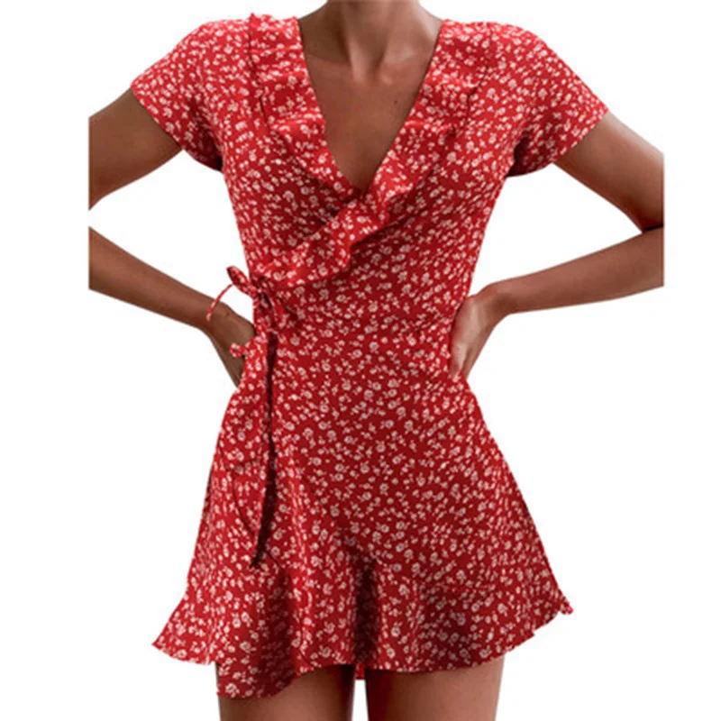 Ueong Ueong Summer Dress V Neck Flounce Type Tie A Line Show Thin Dress