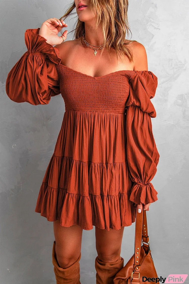 Boho Solid Shirred Ruffle Mini Dress