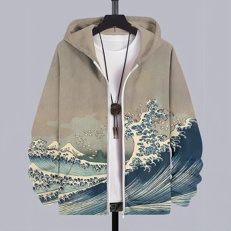 Vintage Japanese Waves Art Print Casual Hooded Zip Up Jacket