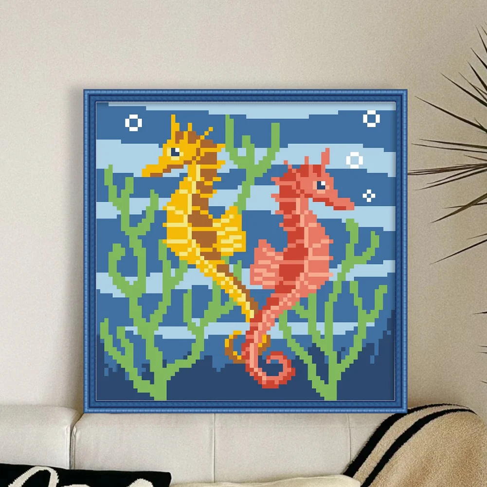 9CT Full Stamped Cross Stitch Bead Embroidery - Seahorse(Canvas|20*20CM)