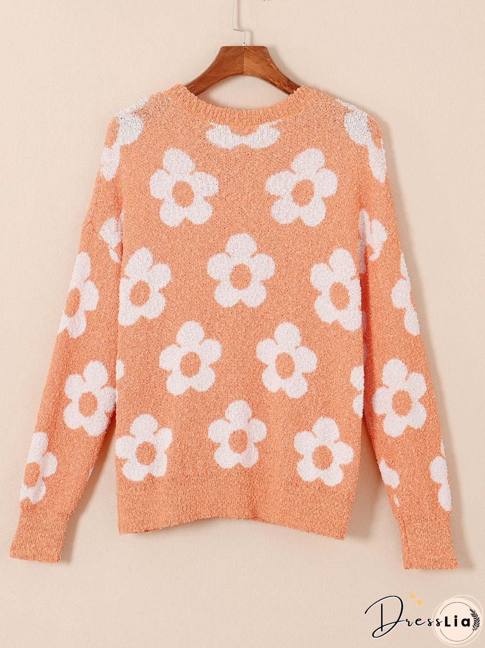 Grapefruit Orange Floral Knit Drop Shoulder Sweater with Fuzzy Texture
