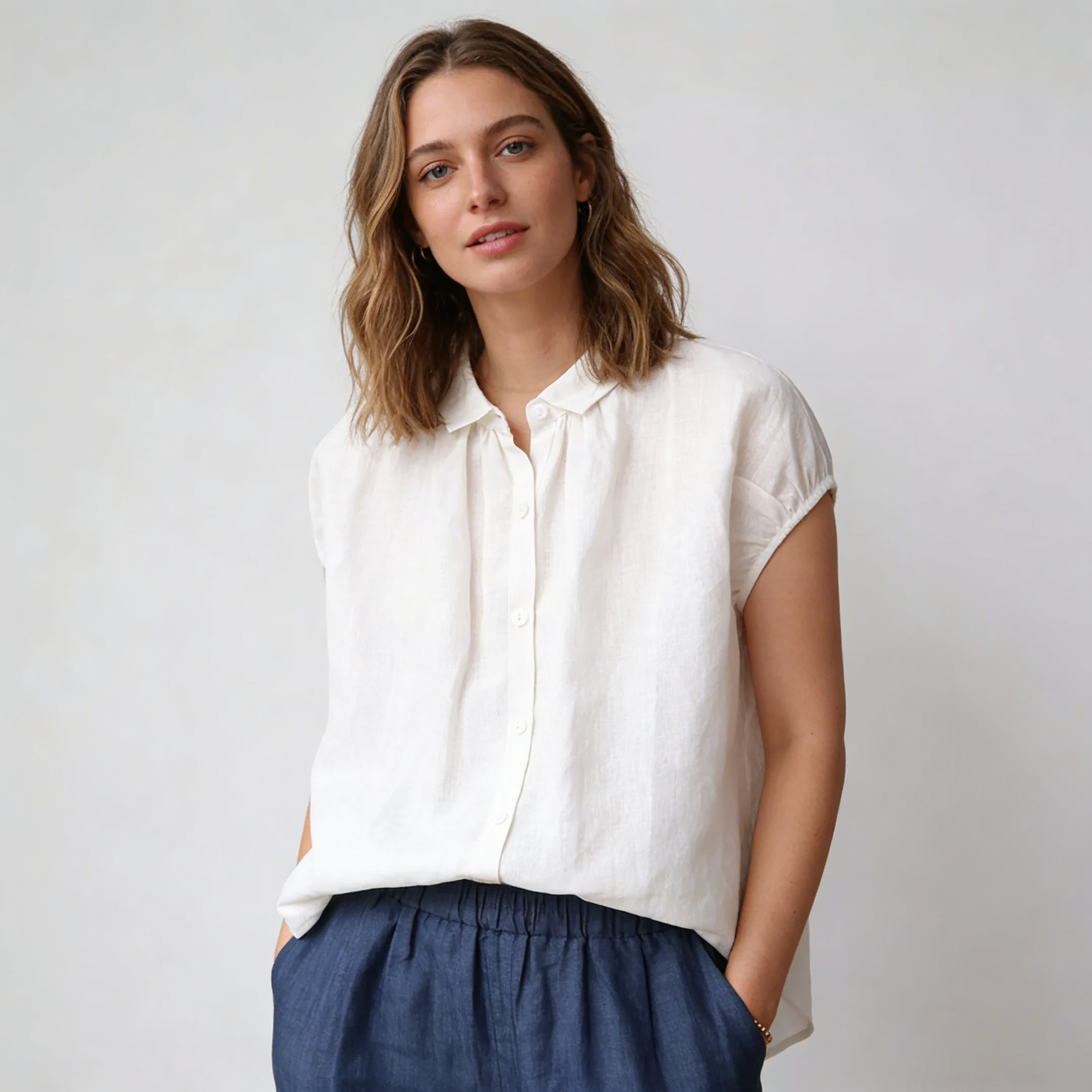 Linen Shirt Women 100% Linen Cap Sleeve Gathered Neck Top REAL SILK LIFE