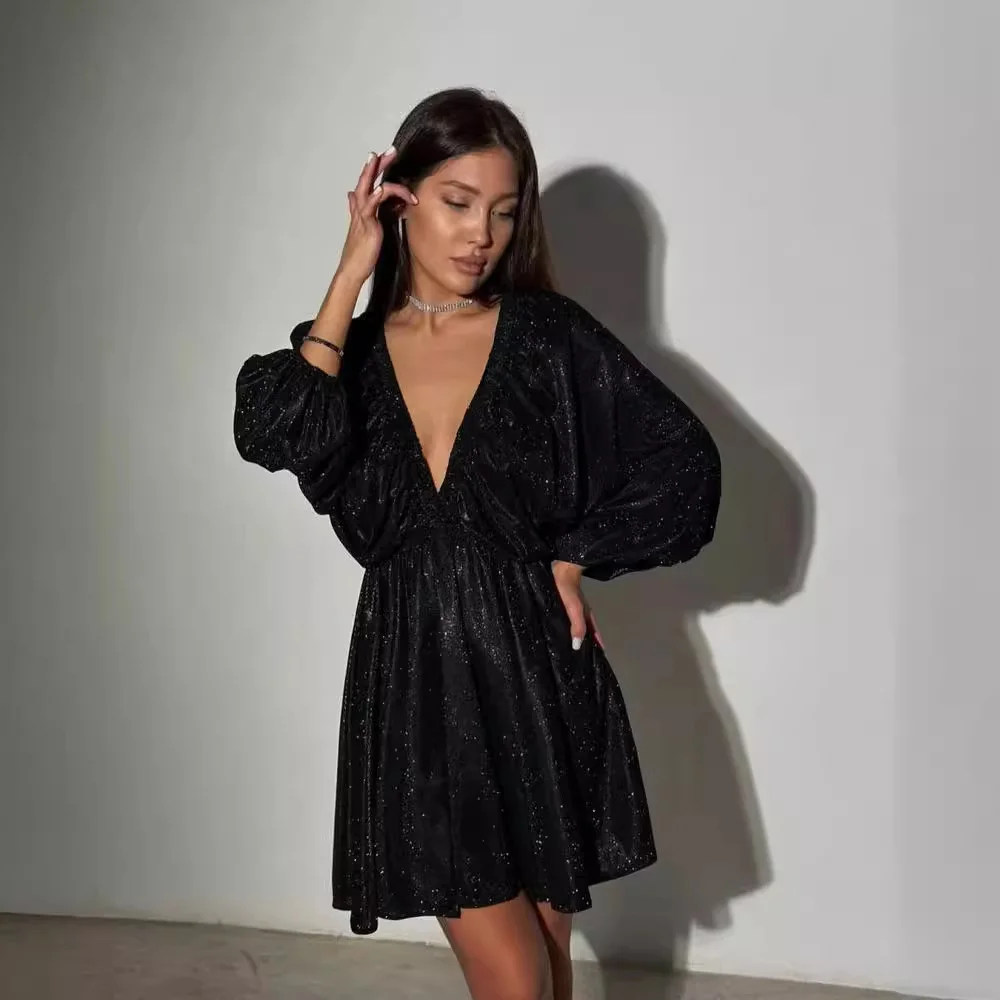 Nigikala Nigikala Spring Design V-Neck Dress French Solid Color Sexy Short Dress Woman