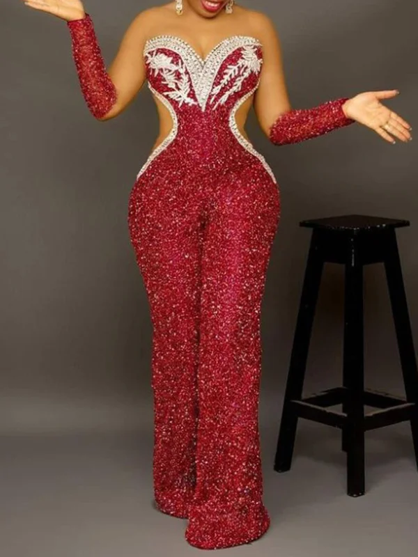 Bandeau Belly-Hollow Embroidered Shiny Empire Straight Leg Jumpsuits