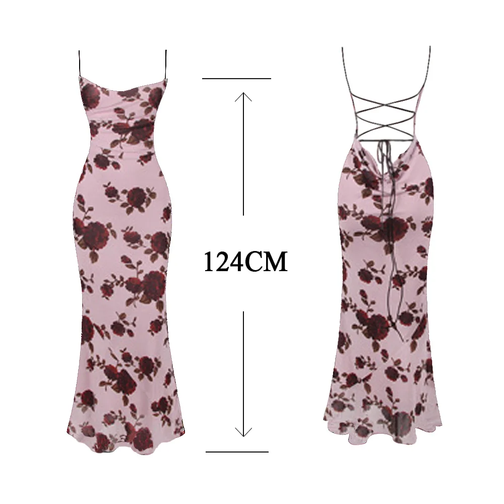 Colourp Lace Up Backless Maxi Dress Sexy Mesh Floral Printing Bodycon Holiday Dress Elegant Spaghetti Strap Dress Summer 2023