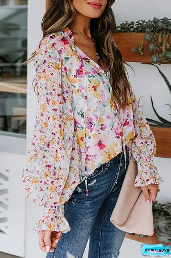 Sweet Flower Print Balloon Sleeve Blouse