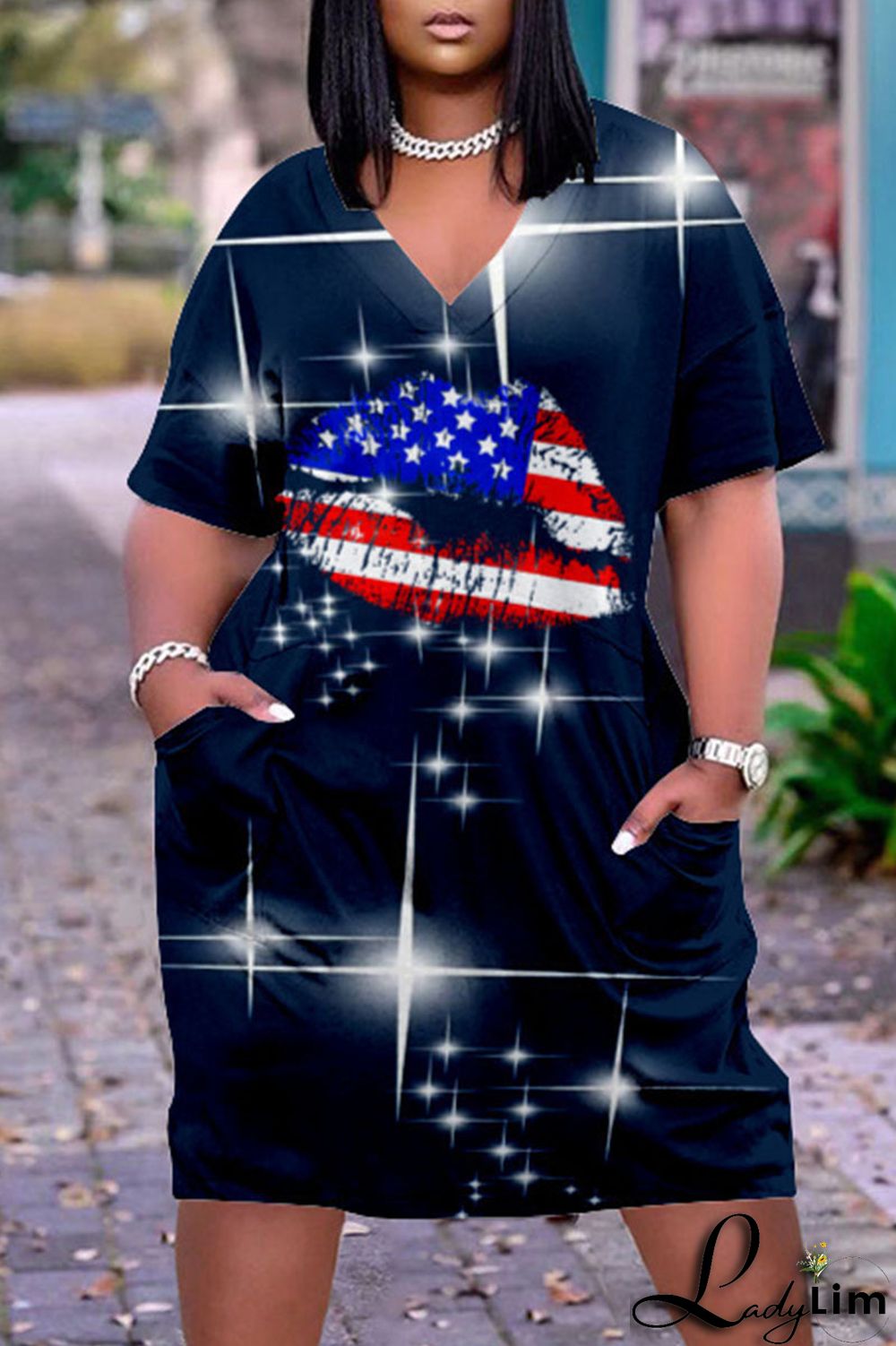 Deep Blue Casual Print Patchwork V Neck Dresses