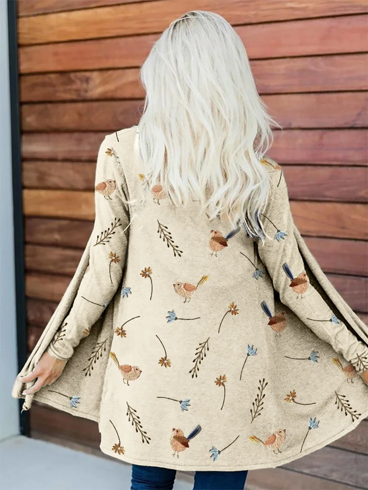 Birds Floral Embroidery Pattern Comfy Cardigan