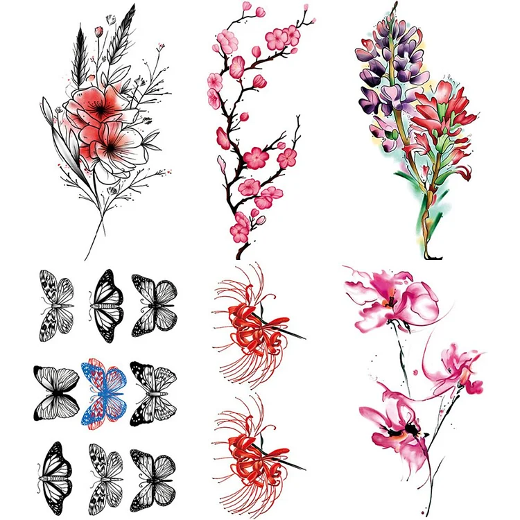 6 Sheets Tree Butterfly Flower Watercolor Temporary Tattoo Sticker