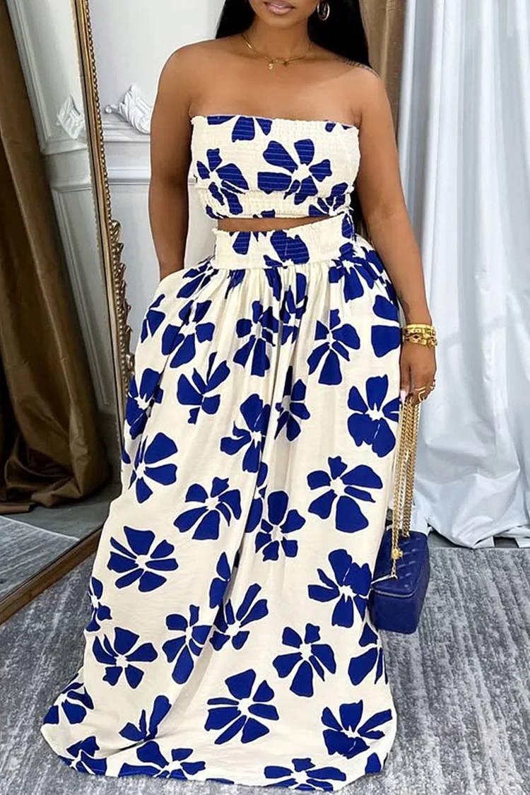 Plus Size Vacation Blue Graphic Pocket Smocking Two Piece Skirt Sets [Pre-Order] 2024 - Xpluswear