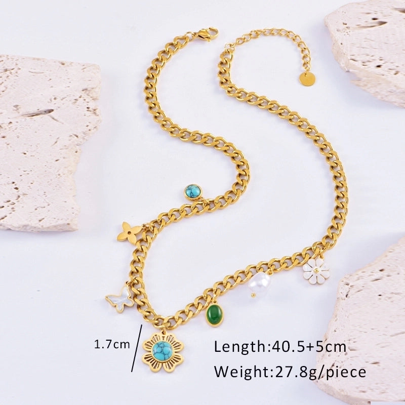 Bohemian Heart Shape Flower Titanium Steel Plating Pendant Necklace