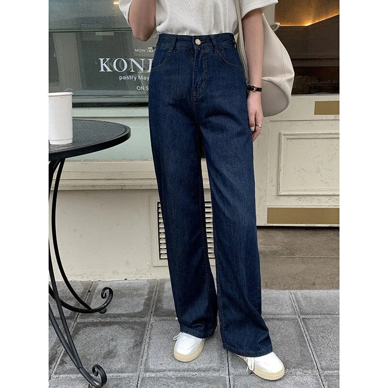 2022 tage High Waist Do Old Women&#39;s Jeans Loose Fashion Dark Blue Women Wide Leg Straight Pants Casual Ladies Mopping Trousers