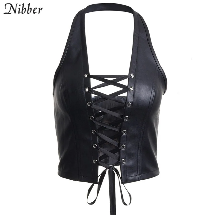 Nibber Punk style sexy hollow out leather camisole women bandage crop tops club party night wear black vest high quality female