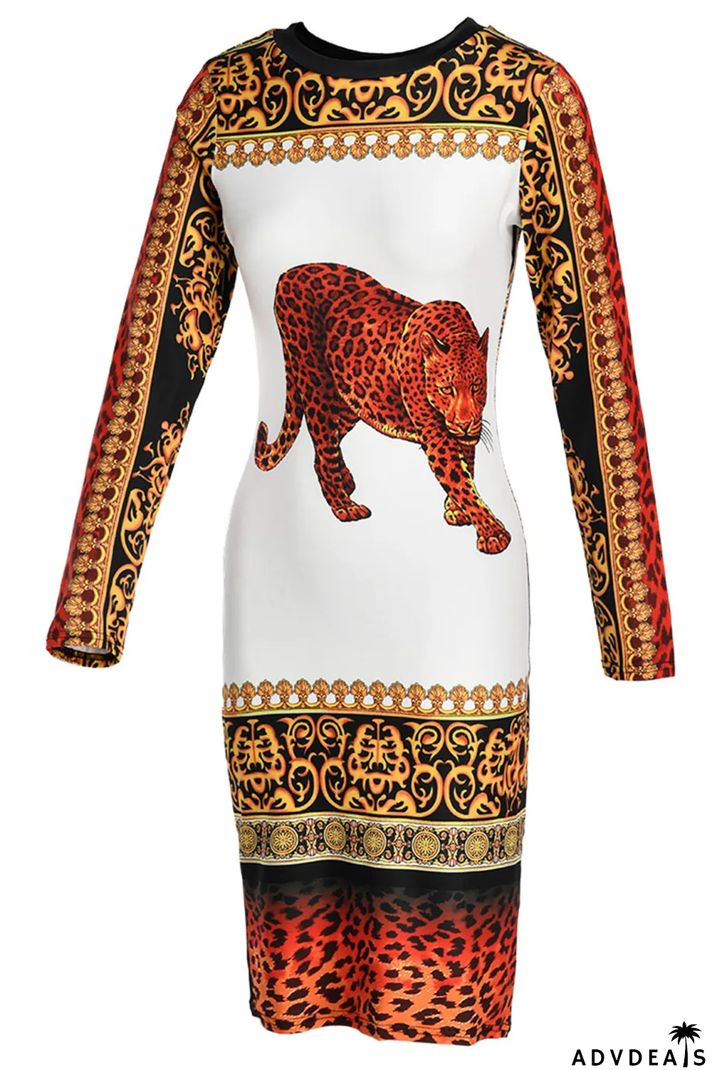 White Casual Printed Knitting Mid Calf Dress