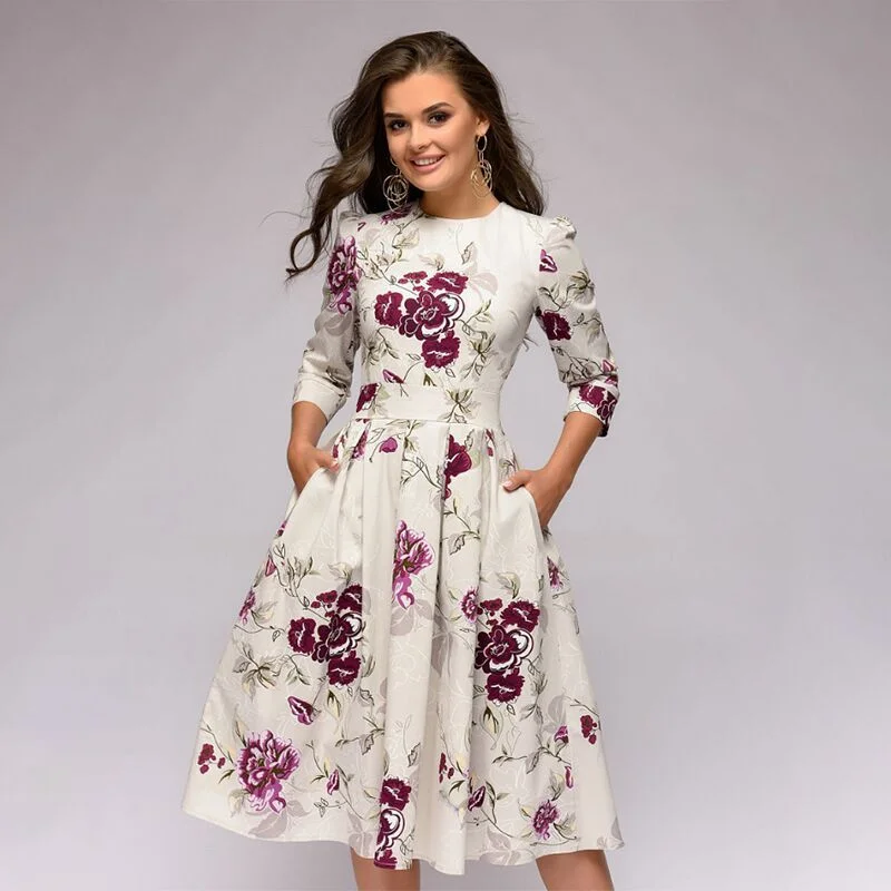 Brownm Party Vintage Small Floral Urban Style 3/4 Sleeve Round Neck Dress