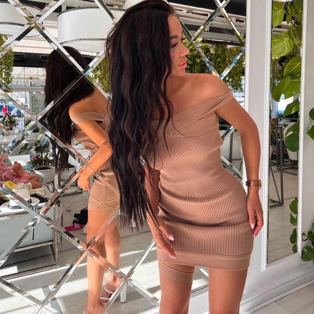 Ootddress Off Shoulder Knit Dress For Women Halter Bandage Knitted Slim Bodycon Dresses Knitwear Sundress Beach Party Mini Dress