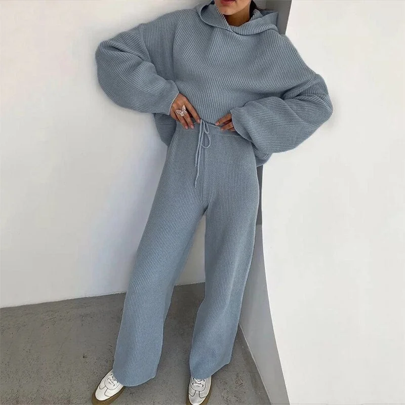 Summer Knitted Sweat Suits Women Matching Sets Long Sleeve Hoodie+wide-legged Pants Loungewear Sweater Set Two Piece Outfits