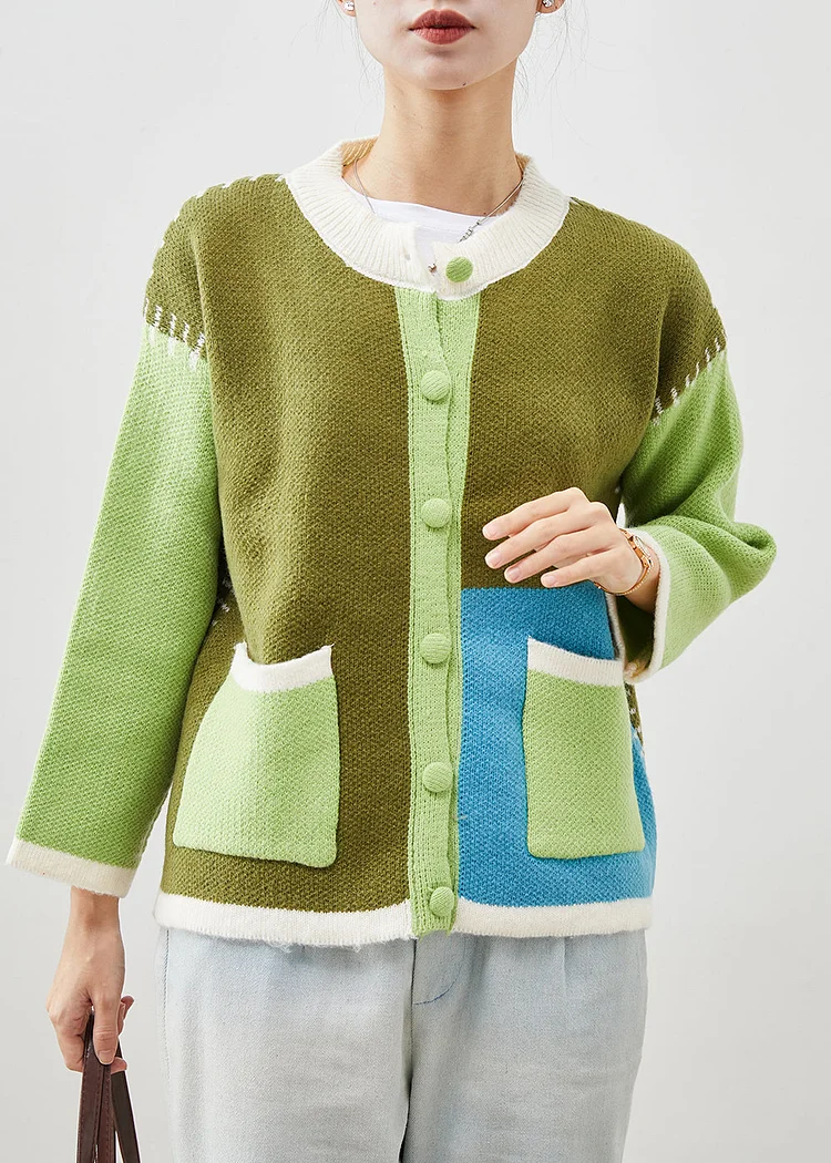 Boutique Green Oversized Patchwork Knit Jackets Spring