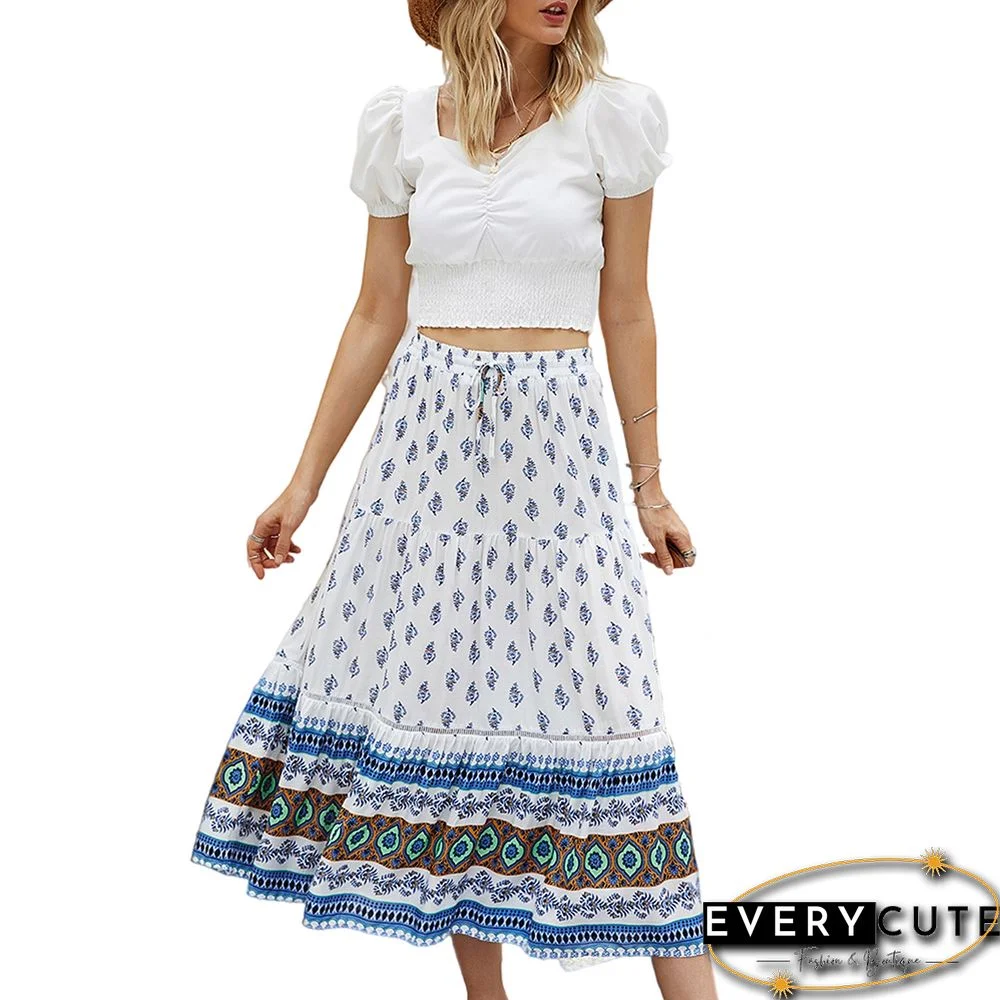 White Floral Print Elastic Waist Pocket Midi Skirt