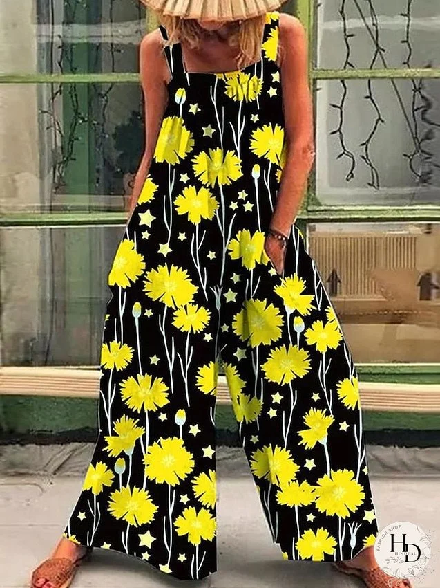 Women's Jumpsuit Print Floral Square Neck Casual Daily Regular Fit Sleeveless Spring / Plus Size