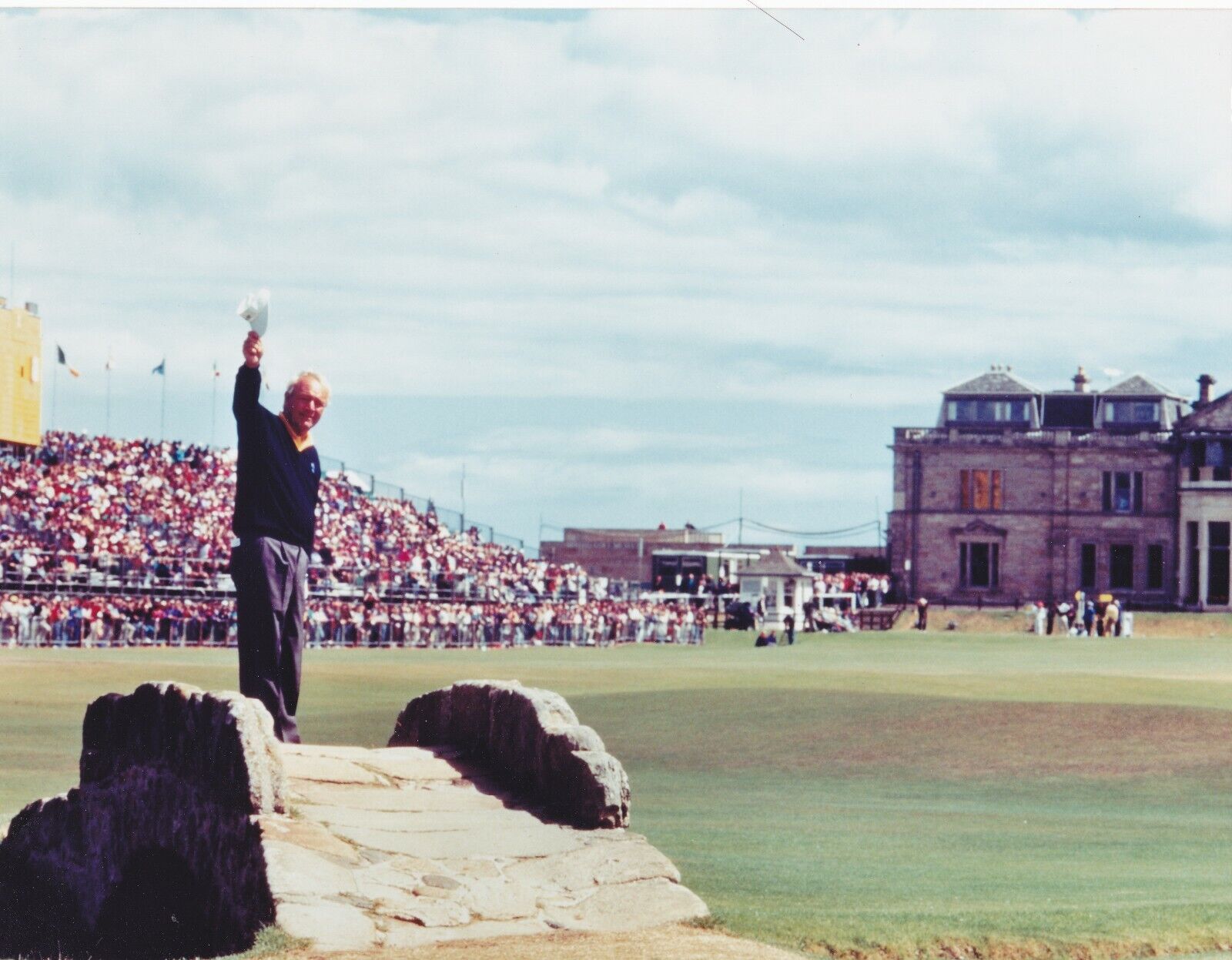 Arnold Palmer 8x10 golf color Photo Poster painting on Swilken Bridge waving at St. Andrews