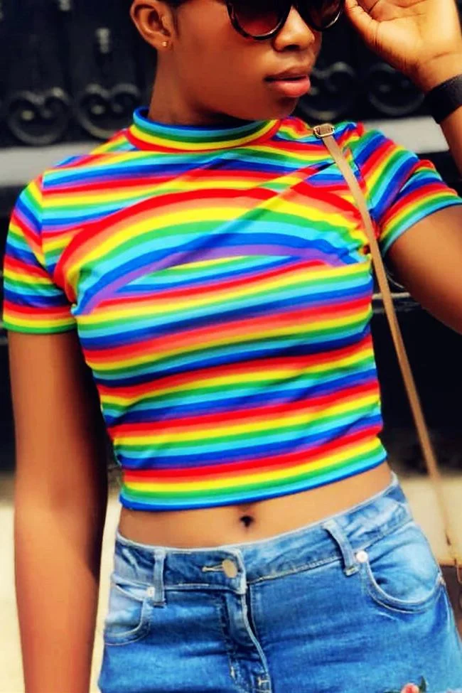 Rainbow Stripe Print Tight Short-Sleeve Top