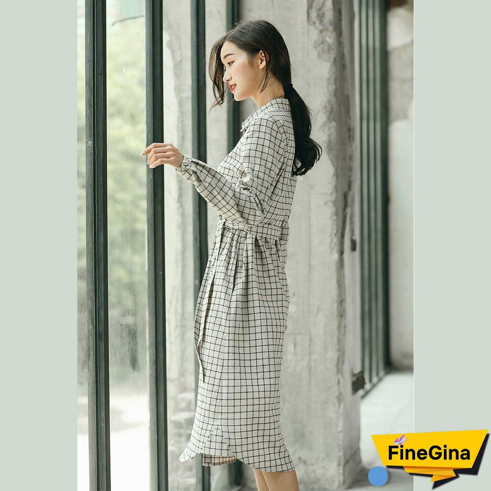 2018 Plaid fall casual linen dress baggy turn-down Collar linen dress