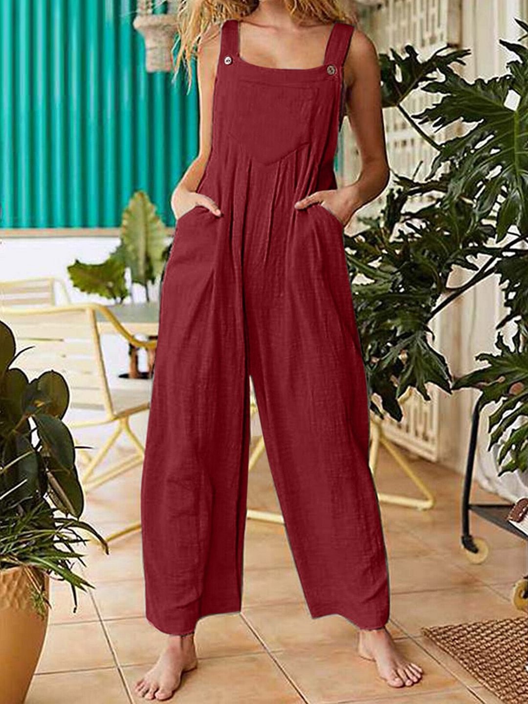 Women's Pure Color Casual Cotton Overalls