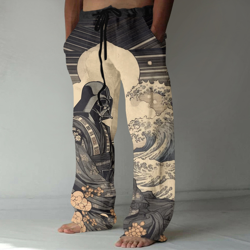 Japanese Ukiyoe Ink Art Print Casual Linen Blend Pants